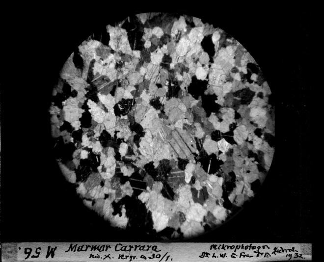 Thin section observed at the microscope to characterize a Carrara marble.